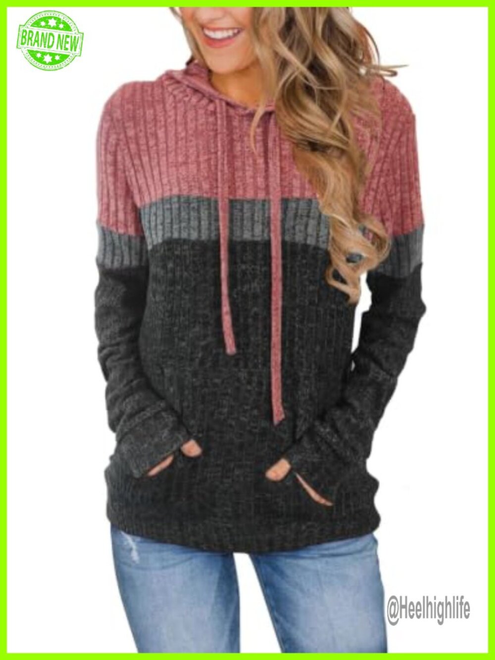 Women's Color Block Knit Hoodie Long Sleeve Pullover Sweater with Pocket